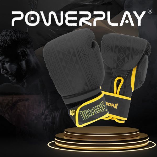 Боксерські рукавиці PowerPlay 3021 Ukraine Чорно жовті 16 унцій PP_3021_16oz_Black/Yellow фото